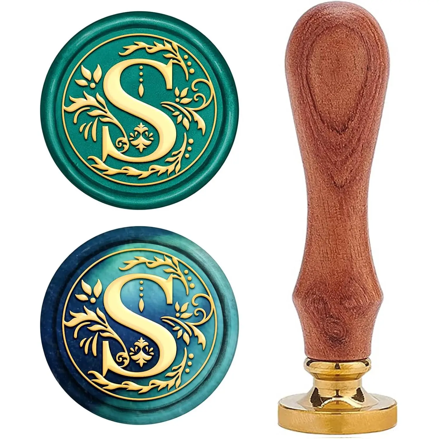 Initial S Wax Seal Stamp Alphabet Letter Vintage Sealing Stamp Olive Leaves Medieval Classic 25mm Removable Brass Head with Wooden Handle for Wedding Invitations Cards Envelopes