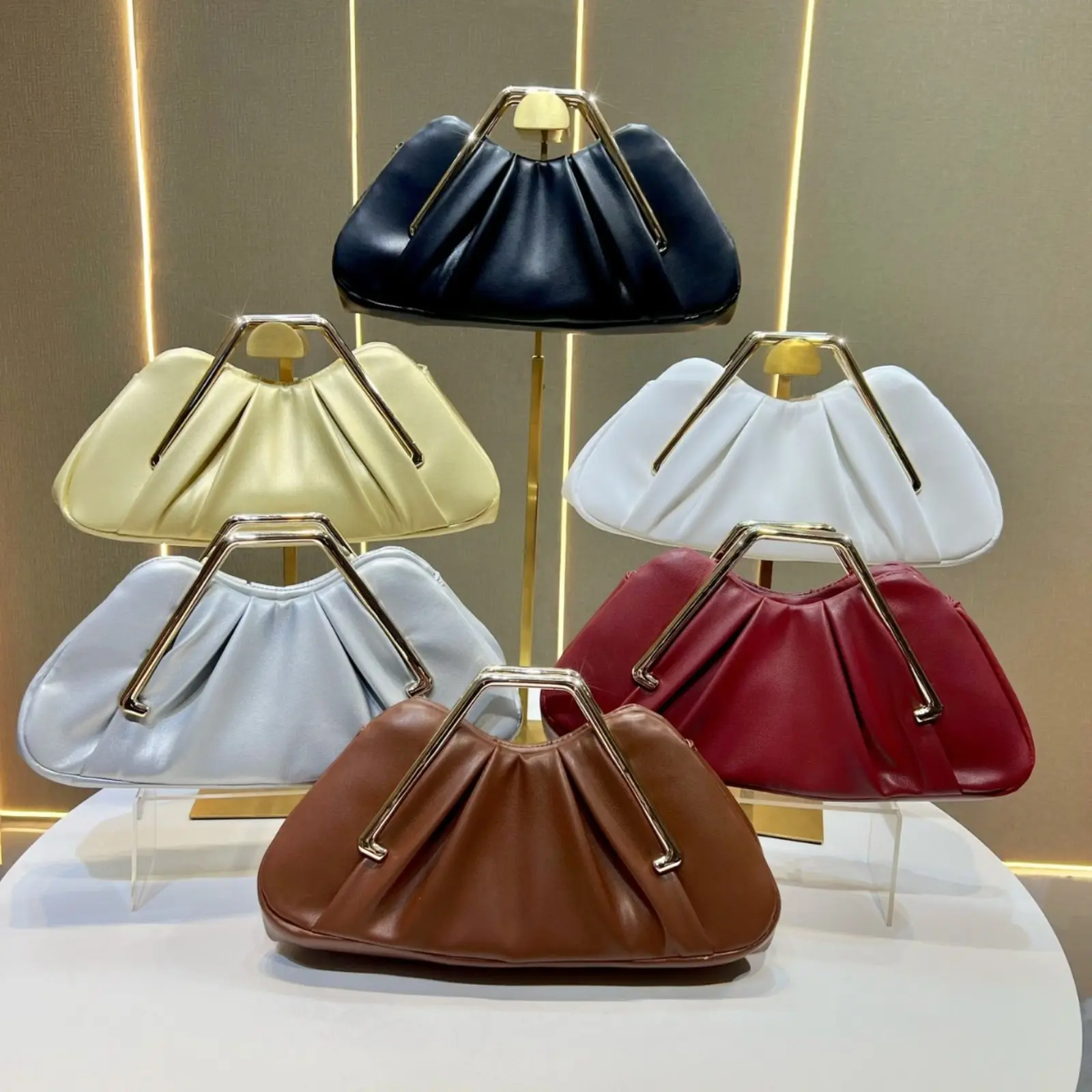 Women's Metal Triangle Handle Ruched Clutch Purse - Soft Faux Leather Evening Handbag with Multi-Color Pleats, Large Capacity, Detachable Strap for Crossbody Wear & Shoulder Bag Use at Evening Events (Ideal Wedding Gift), Handbags For Women, Purse Shoulde
