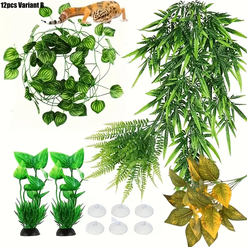 12 Pcs Lizard Gecko Chameleon Habitat Accessories, Artificial Leaf, Leopard Print, Snake Skin Decoration, Plastic Material