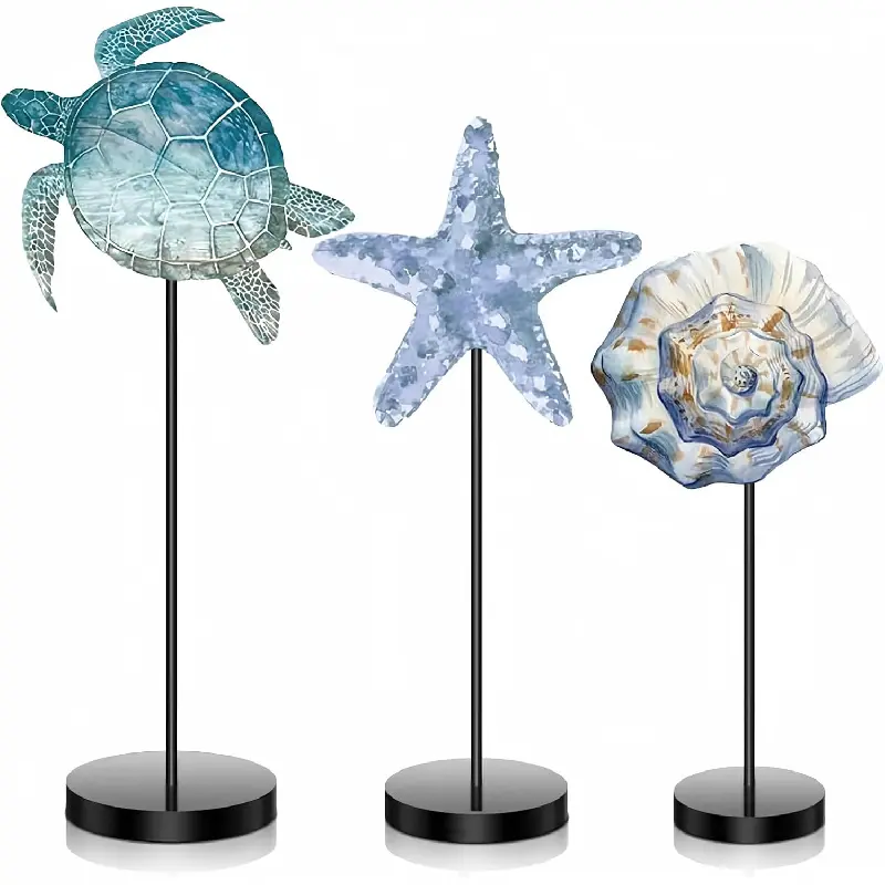 Nautical Decor Set, 3 Piece Coastal Wooden Freestanding Sea Life Signs on a Wooden Base - Beach House Table Centerpiece, Coastal Ocean, Starfish, Sea Life Motifs, Marine Motifs, Ocean Beach Centerpiece, Home Kitchen, Indoors, Marine Shapes, Sea Table Deco