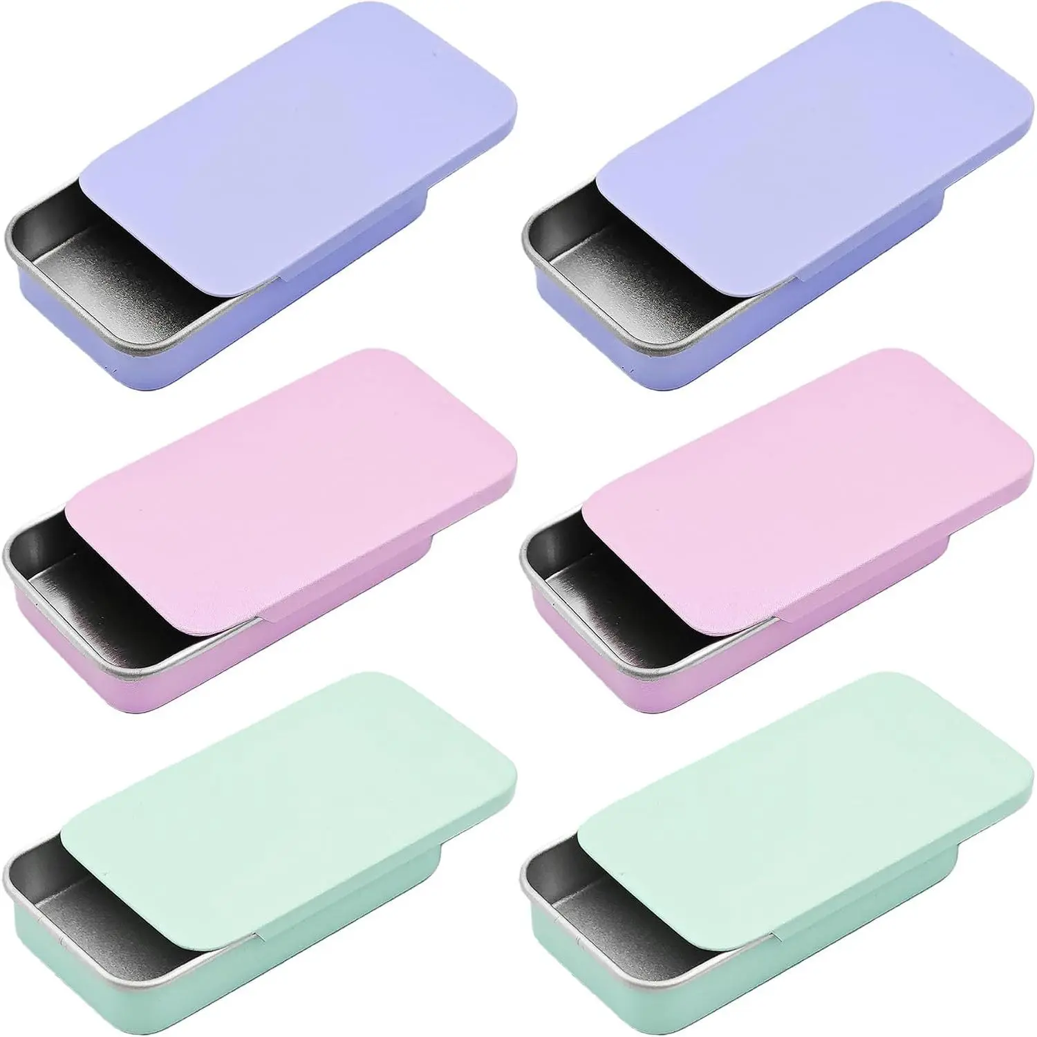 6 count Slide Top Tin Containers Metal Storage Boxes 2.36" x 1.34" x 0.39" Empty Rectangular Tins for Lip Balm Solid Perfume Pills Crafts DIY(3 Colors)