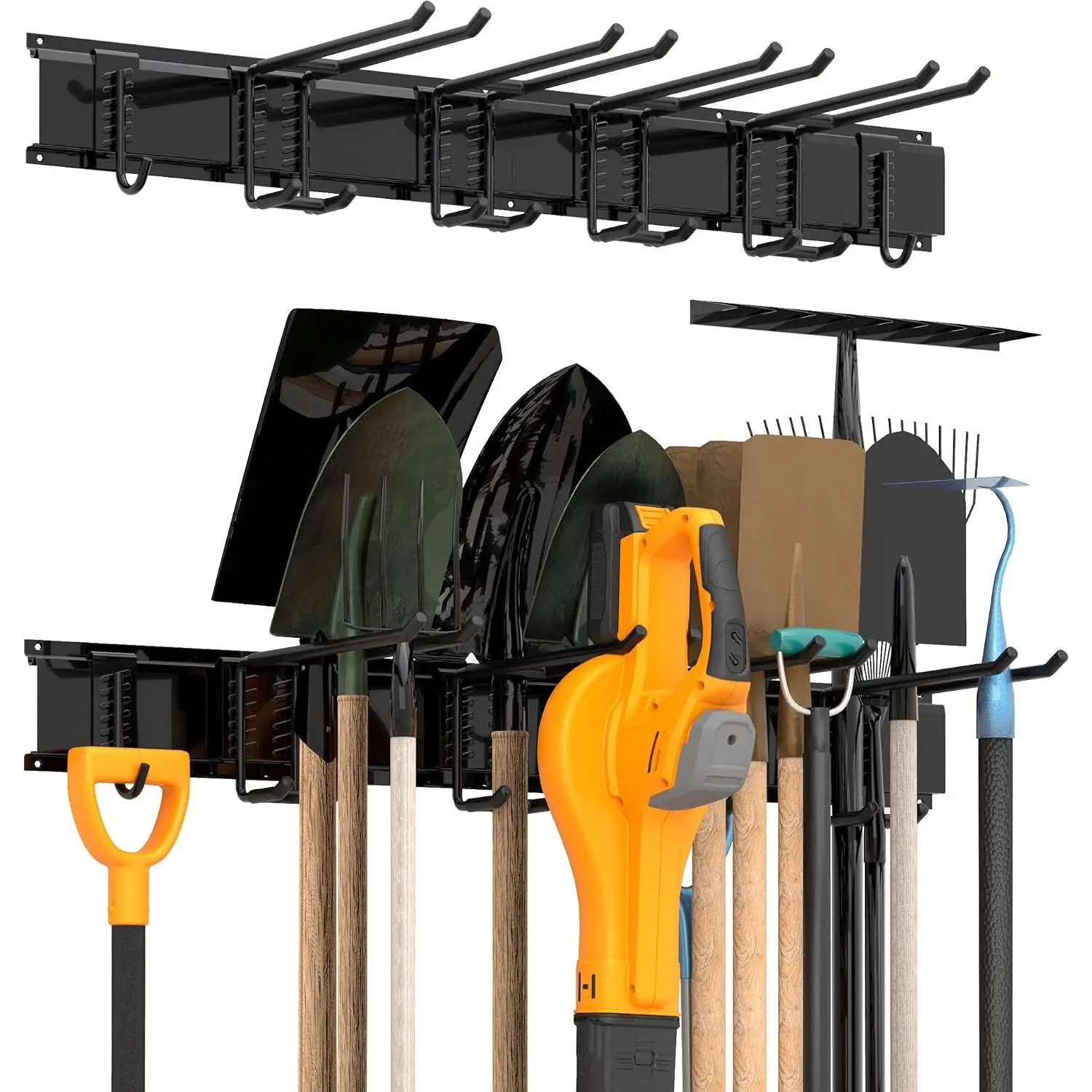 Garage Wall Organizer, Heavy Duty Tool Hangers for Garage Wall with 6 Double Hooks & 2 Rails, Tool Organizer Wall Mount, Garage  Storage Rack for Shovel, Rake, Broom and Ski Gear