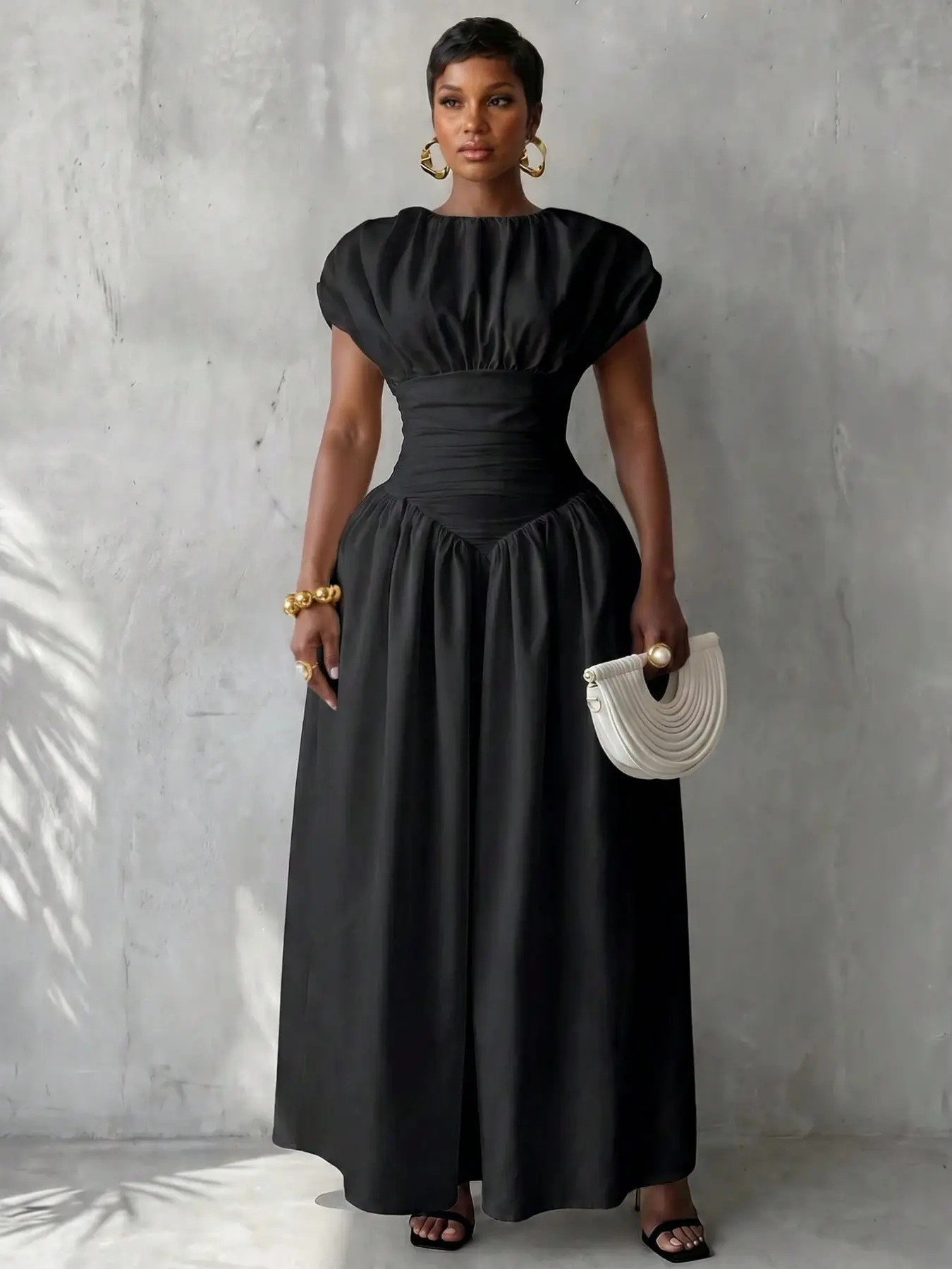 Women's Solid Color Round Neck Pleated Batwing Sleeve Elegant Dress, Wedding Dinner Formal Summer Dress, Stylish and Comfortable
