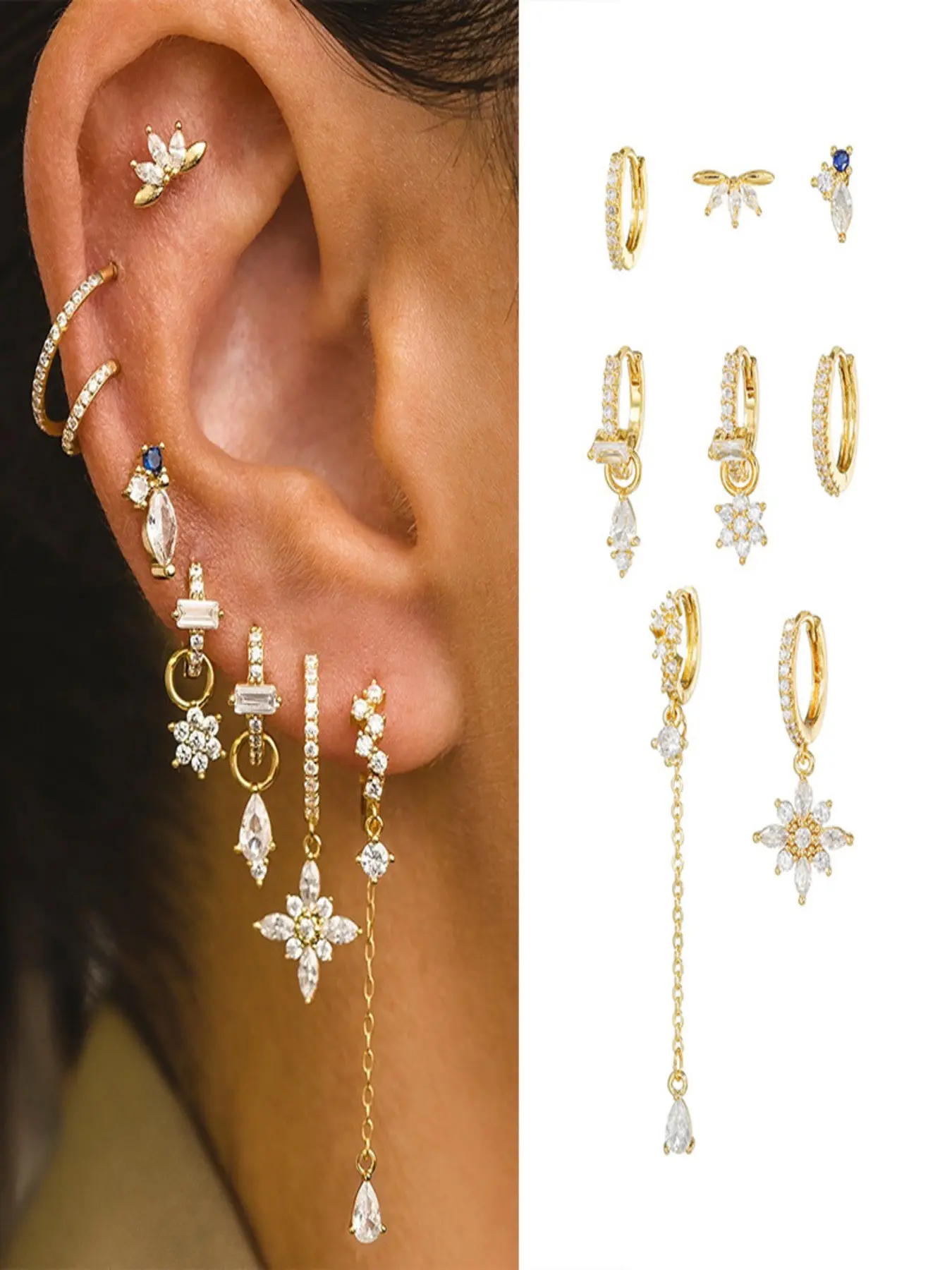 Dainty Stackable Crystal Hoop Earring Set, Gold Floral Drop Dangle Earrings & Ear Cuffs Multi Piercing Jewelry for Women