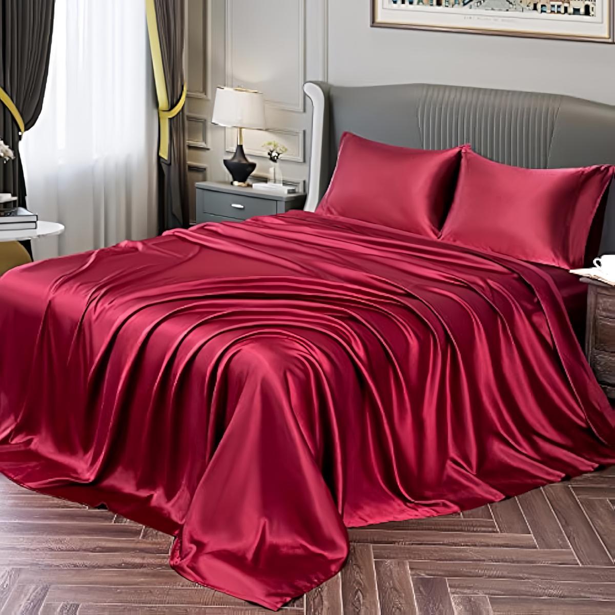 Solid Color Satin Bedding Set, 3/4 Counts Luxury Bedroom Bed Sheets Includes 1 Flat Sheet, 1 Fitted Sheet, and 1/2 Pillowcase without Filler, Room Accessories, Silky Fitted Sheet