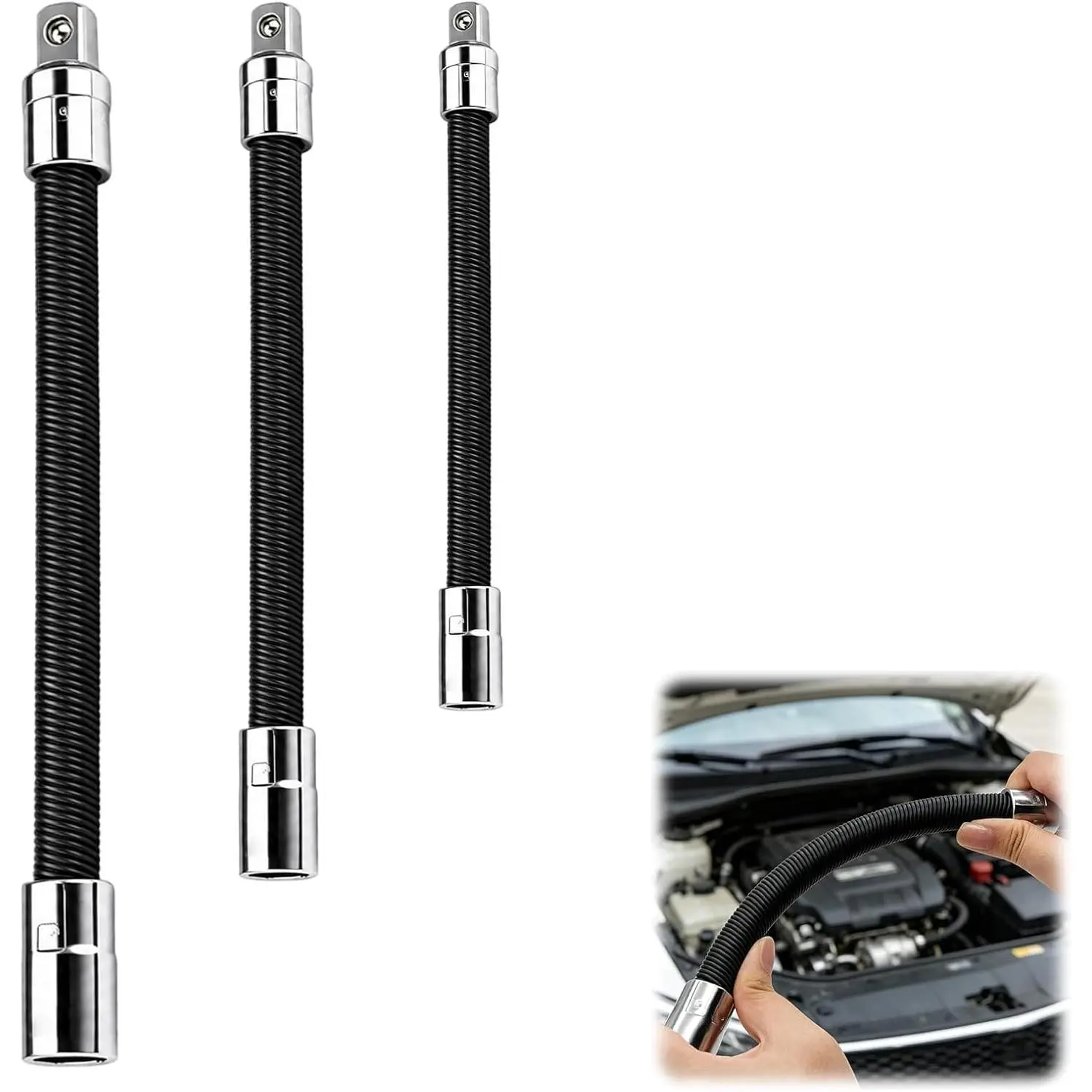 3 count Flexible Socket Extension Set, 1/4", 3/8", 1/2" Flexible Ratchet Extension Rods, Electric Wrench Sleeve  Extensions Rod, Extensions Bar for Tight Spaces (Black)