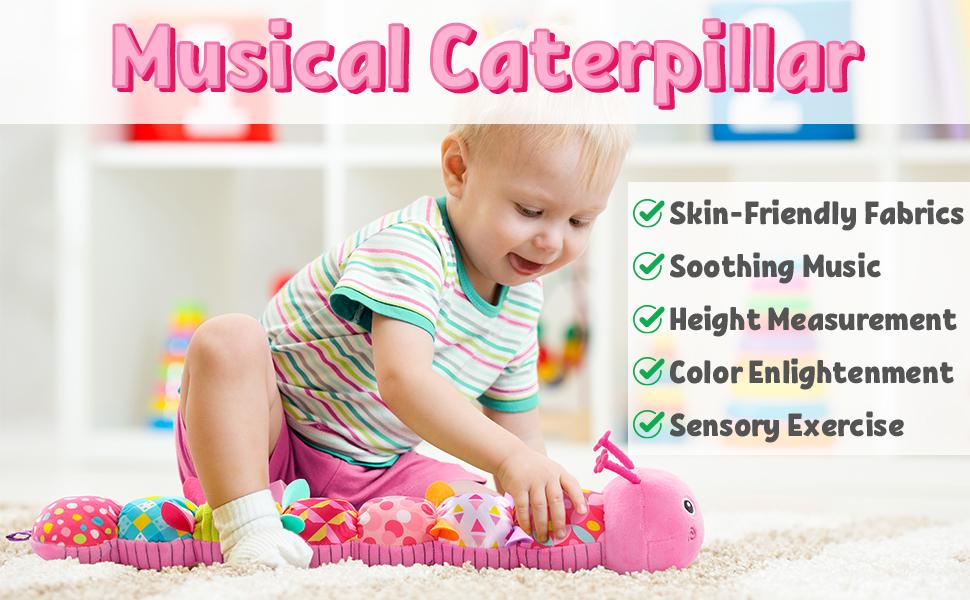 Baby Toys Musical Caterpillar,Infant Stuffed Animal Toy with Crinkle and Rattles,Soft Sensory Toys with Textures for Tummy Time Newborn Boys Girls 0 3 6 12 Months(Pink)