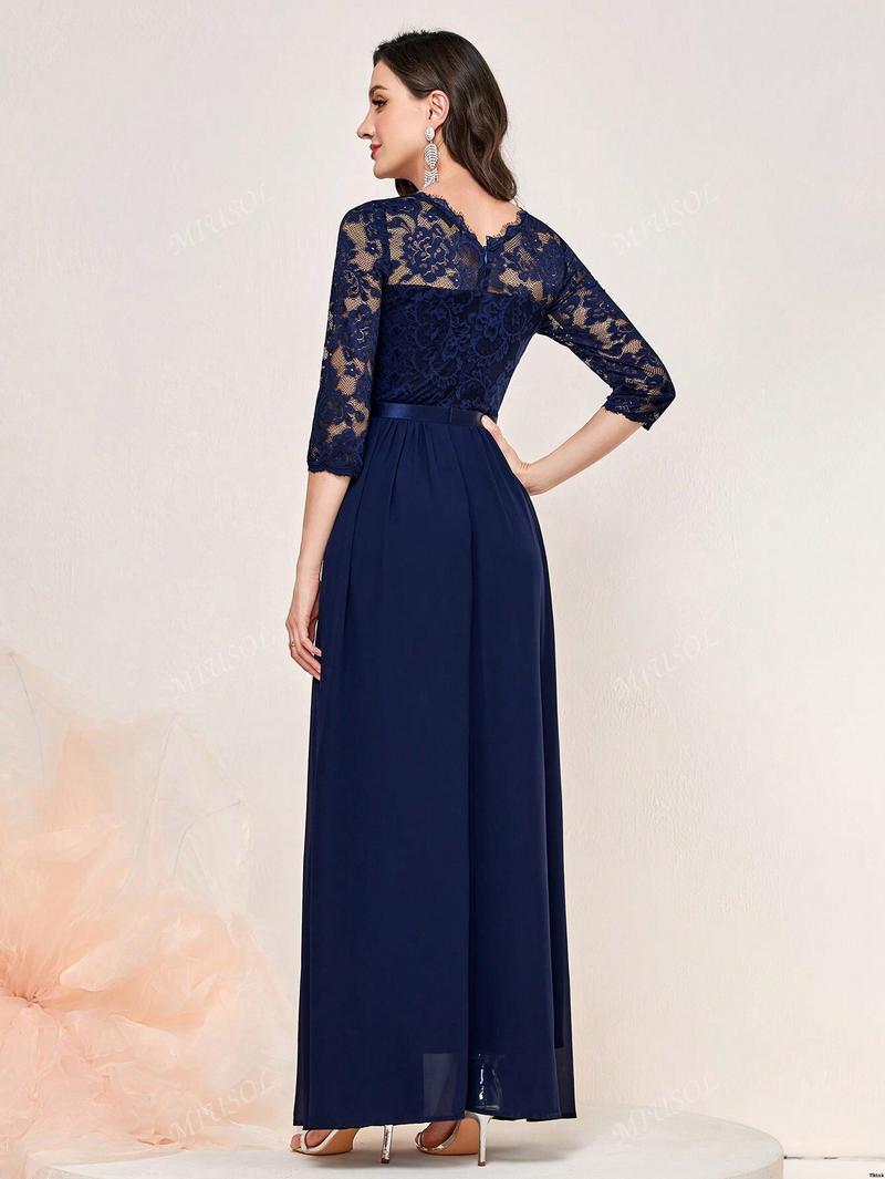 Formal Hem Pleated Elegant MIUSOL Floral Lace Chiffon Party Dress
