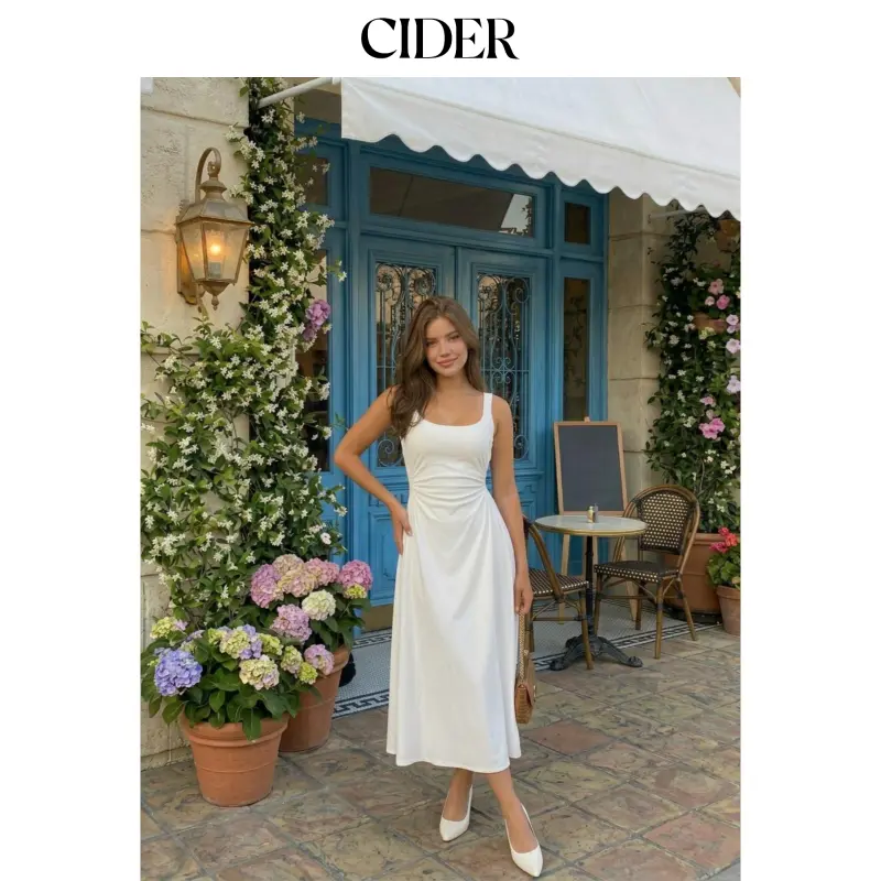 Cider Scoop Neck Ruched A-line Midi Dress