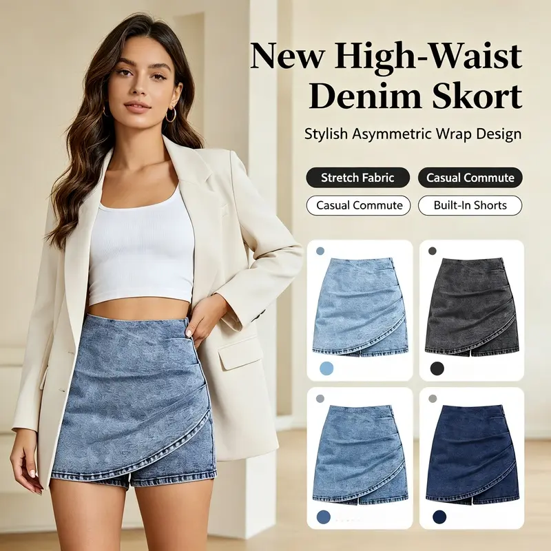2026 Spring Women High Waist Denim Skort, Asymmetric Wrap Overlay Stretch Jean Skirt with Built-In Shorts, Back Elastic Waist Casual Commuter Mini Skort, 95% Cotton Lightweight Denim Bottoms