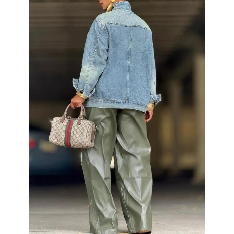 Women'S Vintage Washed High Neck Asymmetric Button Loose Denim Jacket Street Style Trendy Versatile Top For Spring Autumn Winter Seasons Coats....