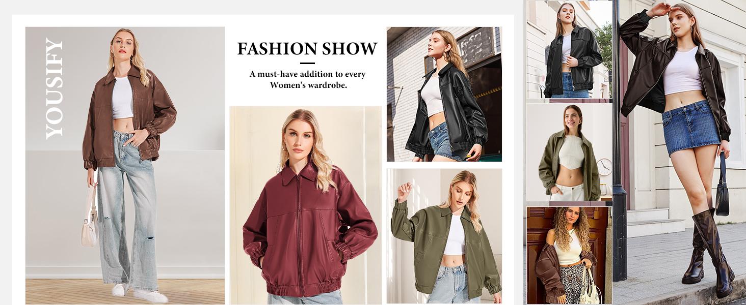 Yousify Womens Leather Jacket Oversized Faux Casual Zip Up Bomber Motorcycle Jackect Trendy Fall Winter Clothes S-XXL