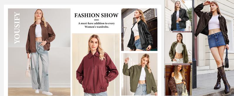 Yousify Womens Leather Jacket Oversized Faux Casual Zip Up Bomber Motorcycle Jackect Trendy Fall Winter Clothes S-XXL