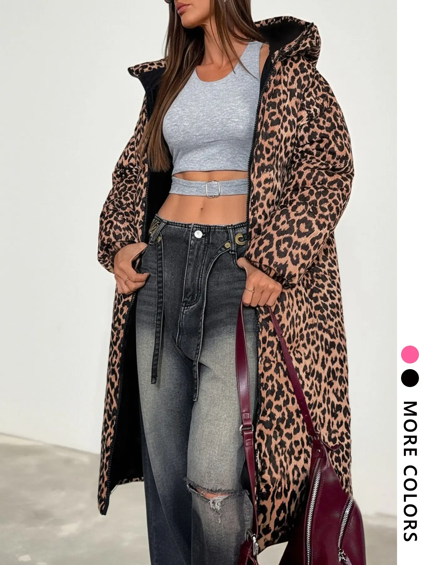 Women Leopard Print Hooded Long Puffer Coat Fall Streetwear Loose Oversized Zip Up Quilted Jacket Y2K Retro Warm Long Parka Casual Outdoor Winter Outerwear