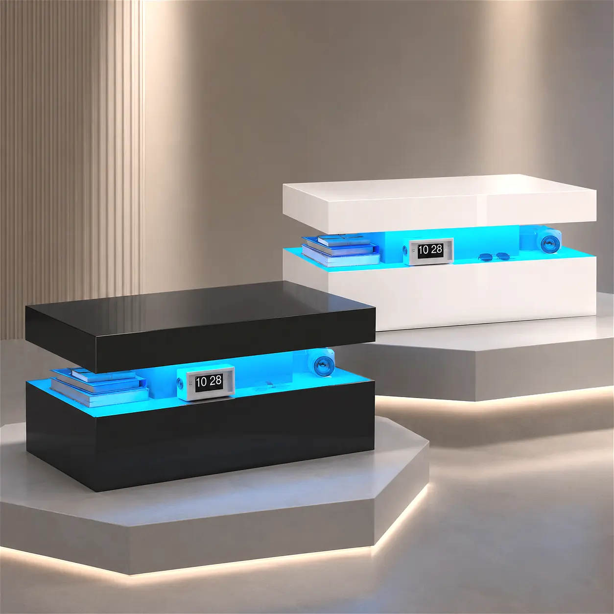 Living Room Coffee Table With LED Light, Modern High Gloss Center Table With Storage