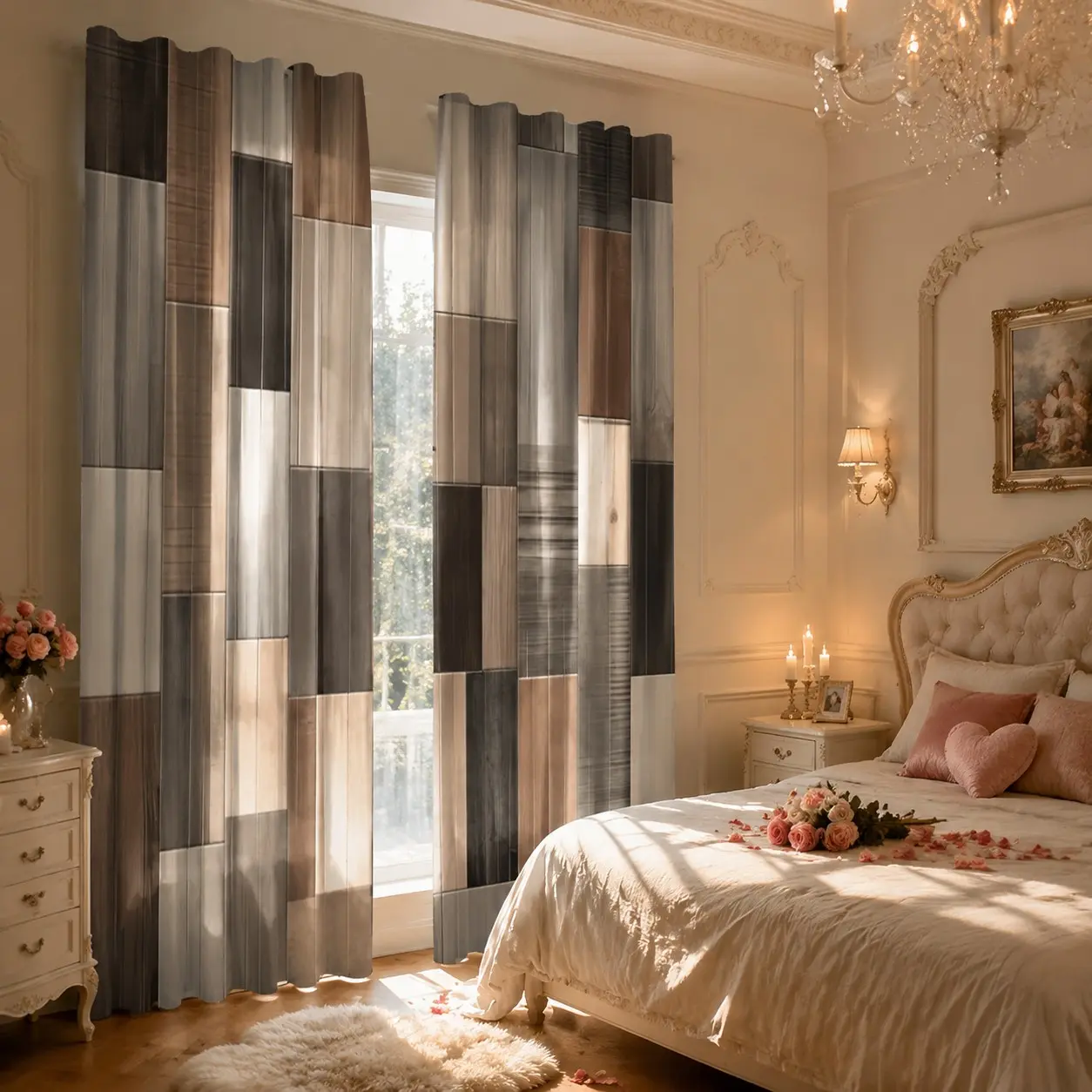 2 pieces of modern curtains, Home Decorative Curtain, Window Curtain, with wood grain pattern, color brown, gray, beige, semi blackout, machine washable polyester fiber material, bedroom and living room, kitchen curtains