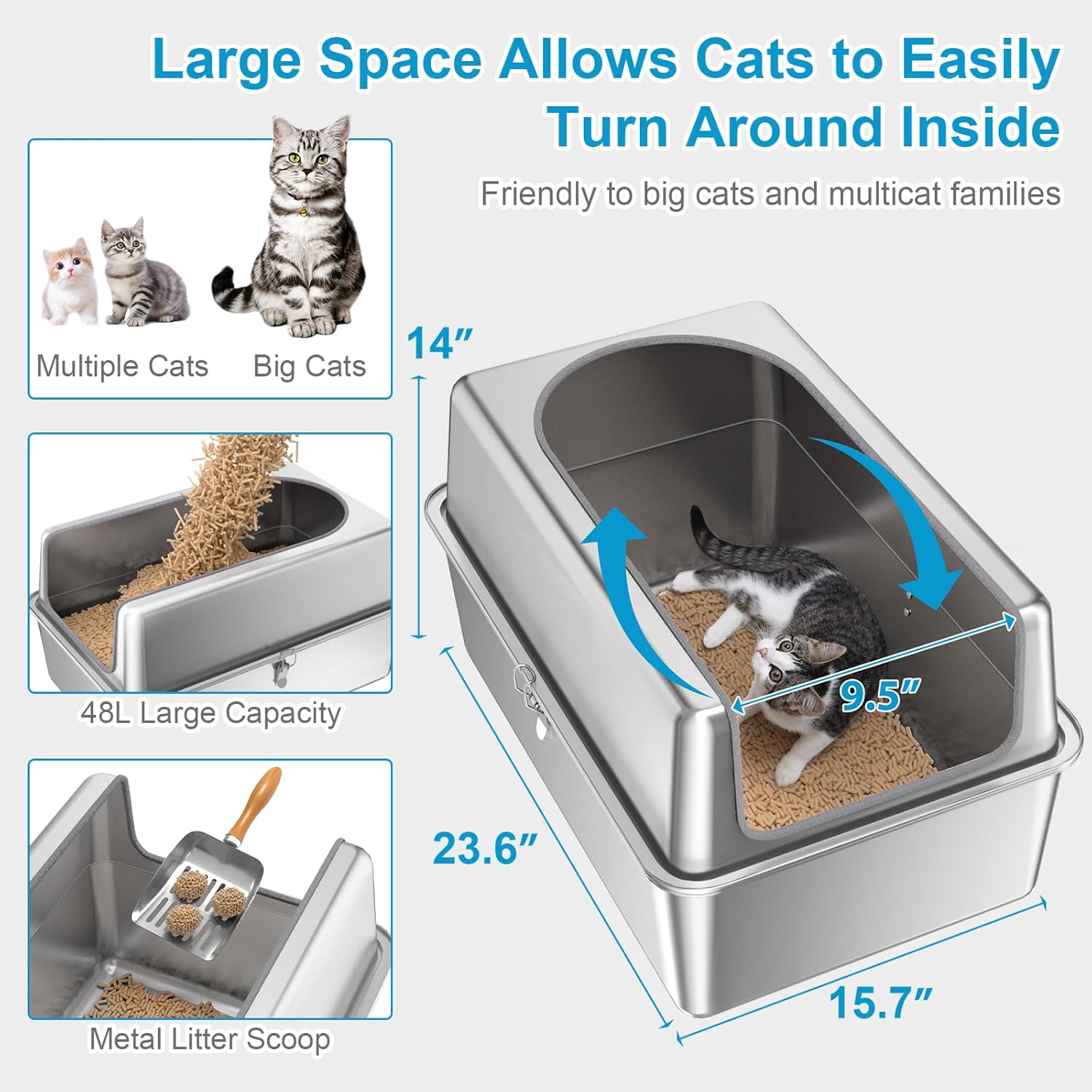 14'' High Sides XXL All Stainless Steel  Litter Box with Lid,XL Deep Metal Litter Box for Big Cats, Litter Boxes with High Wall Enclosure,Anti-Leakage,Never Absorbs Odors,Non-Sticky