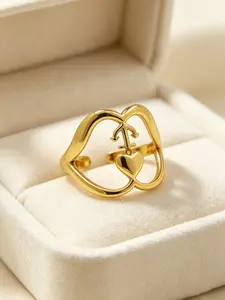 1Pcs Gold-Plated Lip Opening Women Ring, Adjustable Swinging Heart-Shaped Anchor Ring, Minimalist Sailing Love Copper Ring Jewelry Gift