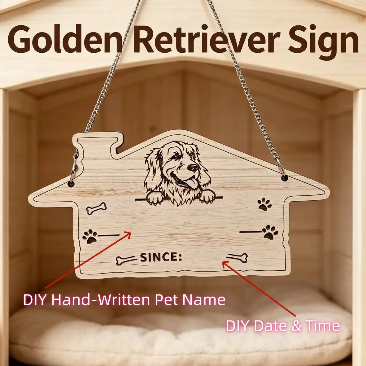 Golden Retriever Dog House Decor Plaque, DIY Handwritten Name & Arrival Date, Laser Engraved Wooden Hanging Tag, Pet Memorial Decoration