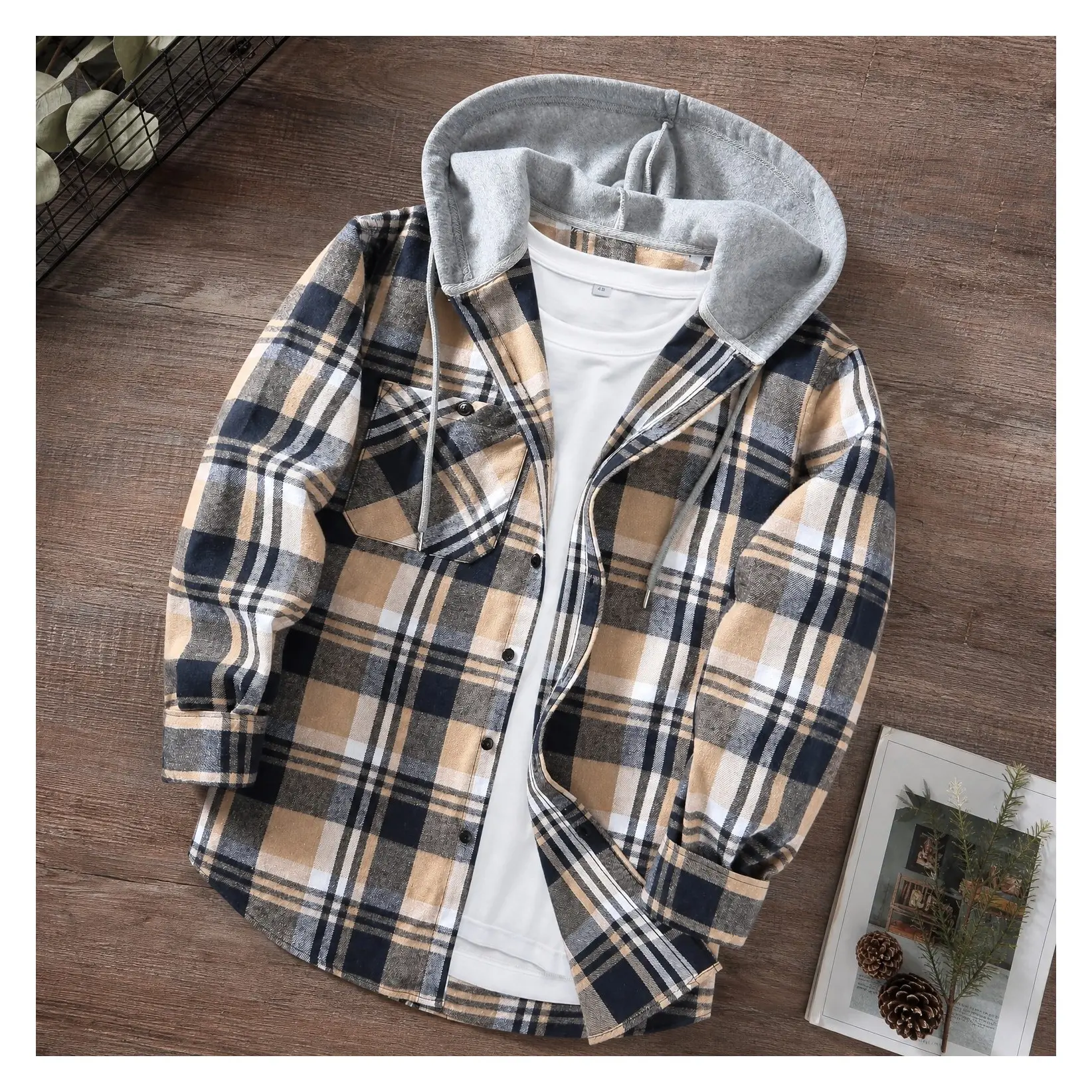 Men's Flannel Hoodie Shirt Casual Button Down Long Sleeve Plaid, Big & Tall with Pocket, Adjustable Cuffs, Machine Washable, for Business, Work, Office, Vacation, Graduation, Wedding, Party, Daily WearGift