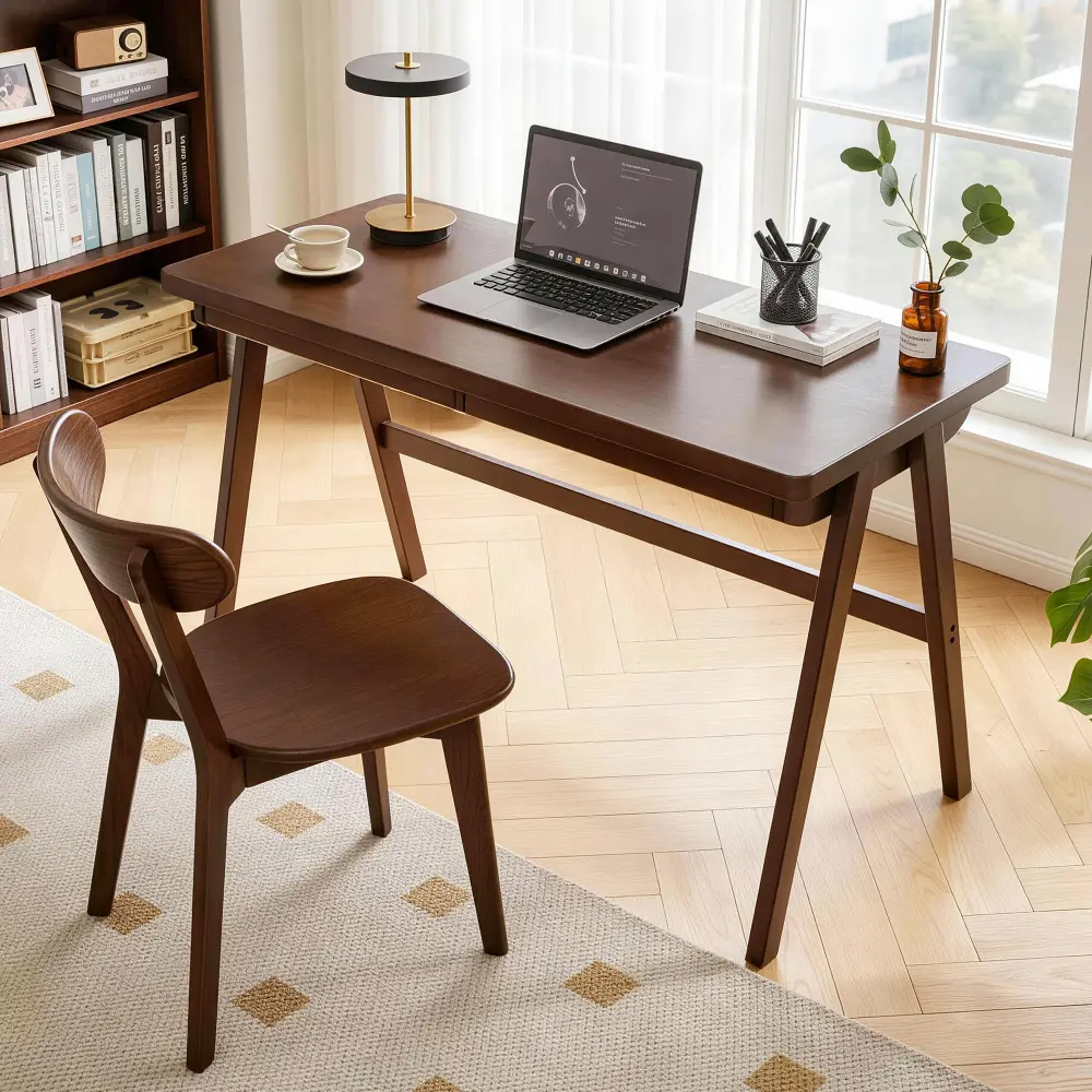 Littleox 100% Solid Rubber Wood Rectangular Computer Desk - Retro Walnut Writing Table with Drawer, Sturdy A-Frame Legs, Solid Finish, 39.37x21.62", 1.38" Extra Thick Home Office Study Desk