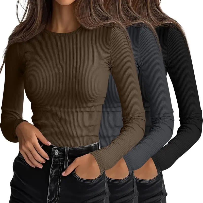 3 Pack Women's Ribbed Long Sleeve Shirts |   Slim Fit Basic Undershirts, Crew Neck Knit Tops, Business Outfits, Workout Stretch Layering Tees, Fall Winter Casual Clothes