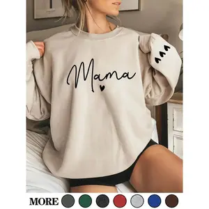Women's Cartoon Mama Letter & Heart Print Pullover Sweatshirt, Casual Long Sleeve Crew Neck Pullover Fall & Winter, Women's Clothes Daily Wear