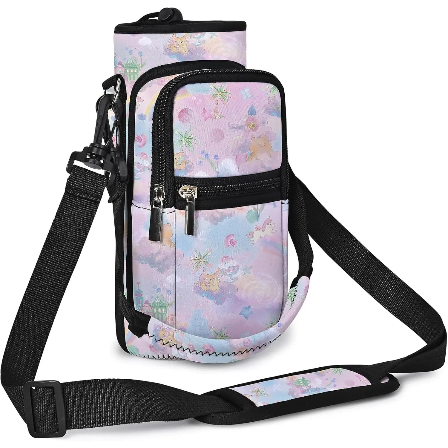 Insulated Water Bottle Carrier Bag Single Unit - 25oz-64oz Multi-Size Sling Sleeve Holder with Strap, Pockets for Home Organization Storage, Cute Print