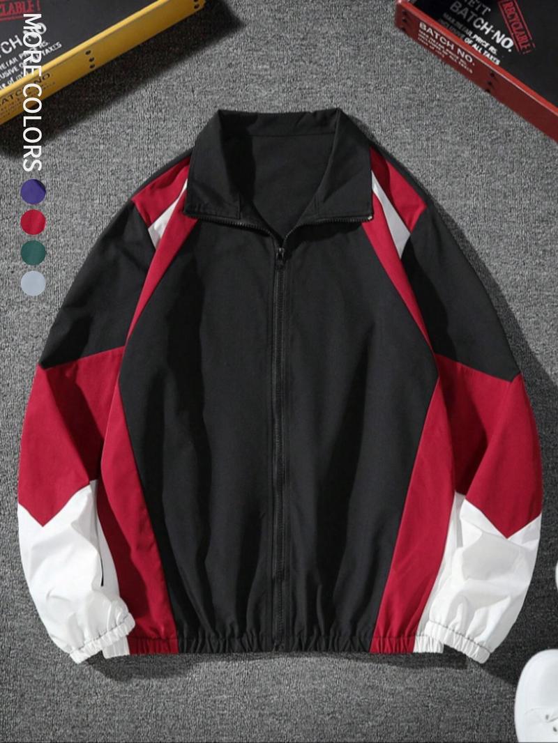 Men's Colorblock Zip Up Jacket, Regular Fit Casual Long Sleeve Outerwear for Spring & Fall, Fashion Men's Clothes for Daily Wear Tops Men's Colorblock Zip Up Jacket, Regular Fit Casual Long Sleeve Outerwear for Spring & Fall, Fashion Men's Clothes for Daily Wear Tops