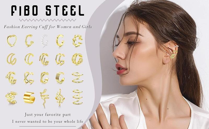 FIBO STEEL 20 Pcs Ear Cuffs Earrings Set for Women Non-Piercing Dainty Cartilage Ear Clip Earrings with Copper Inlaid Zircon Adjustable Fashion Jewelry