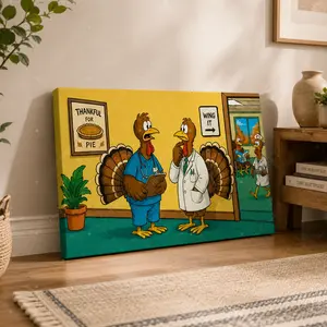 Funny Turkey Cartoon Canvas Wall Art, Thanksgiving Humor Animal Poster for Living Room Kitchen Dining Room Office Decor, Available as Unframed Canvas Poster or Framed Canvas Wrap