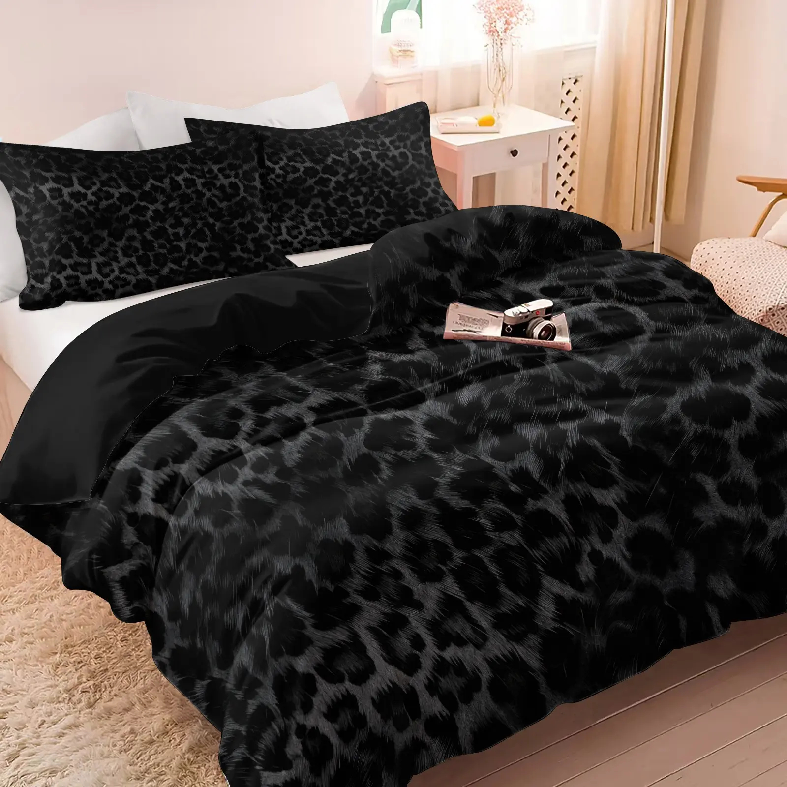 Trendy Dark Plush Leopard Print Duvet Cover Set, Soft Anti-Wrinkle Fabric, Minimalist Bedding, Perfect Gift for Women, Bedroom Decor