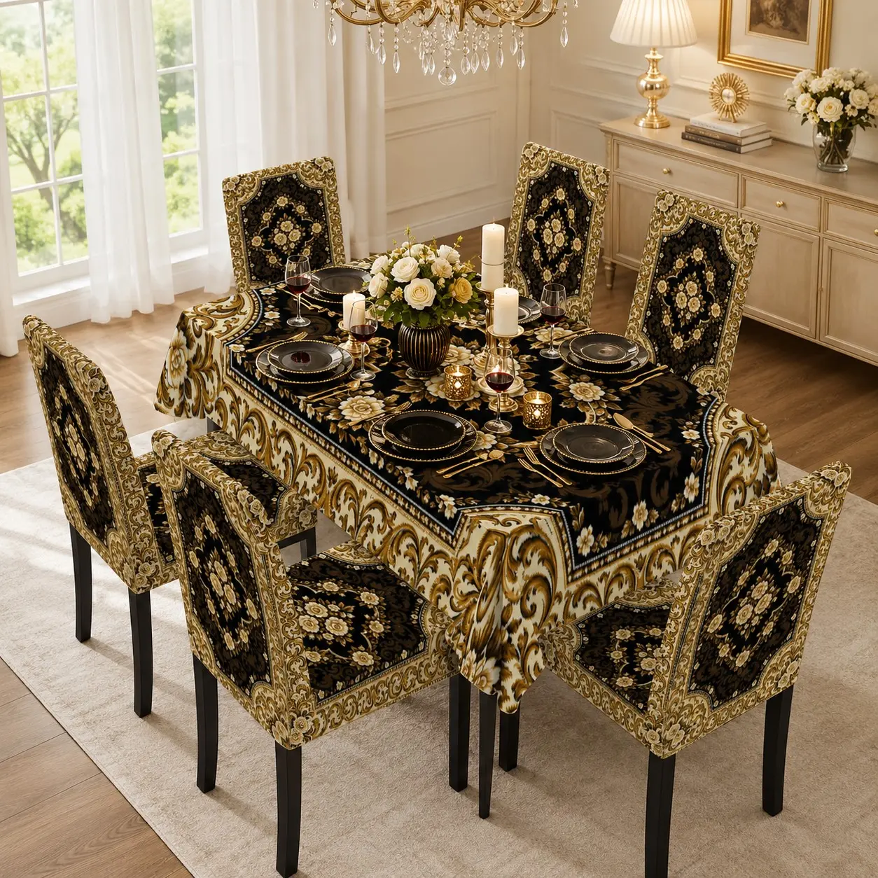 5/7Pcs Tablecloth and Chair Cover Set, Luxury Black Gold 3D Baroque Floral Print Dining Table Cover with Stretch Washable Chair Covers, Elegant European Wedding Banquet Party Home Dining Room Decor