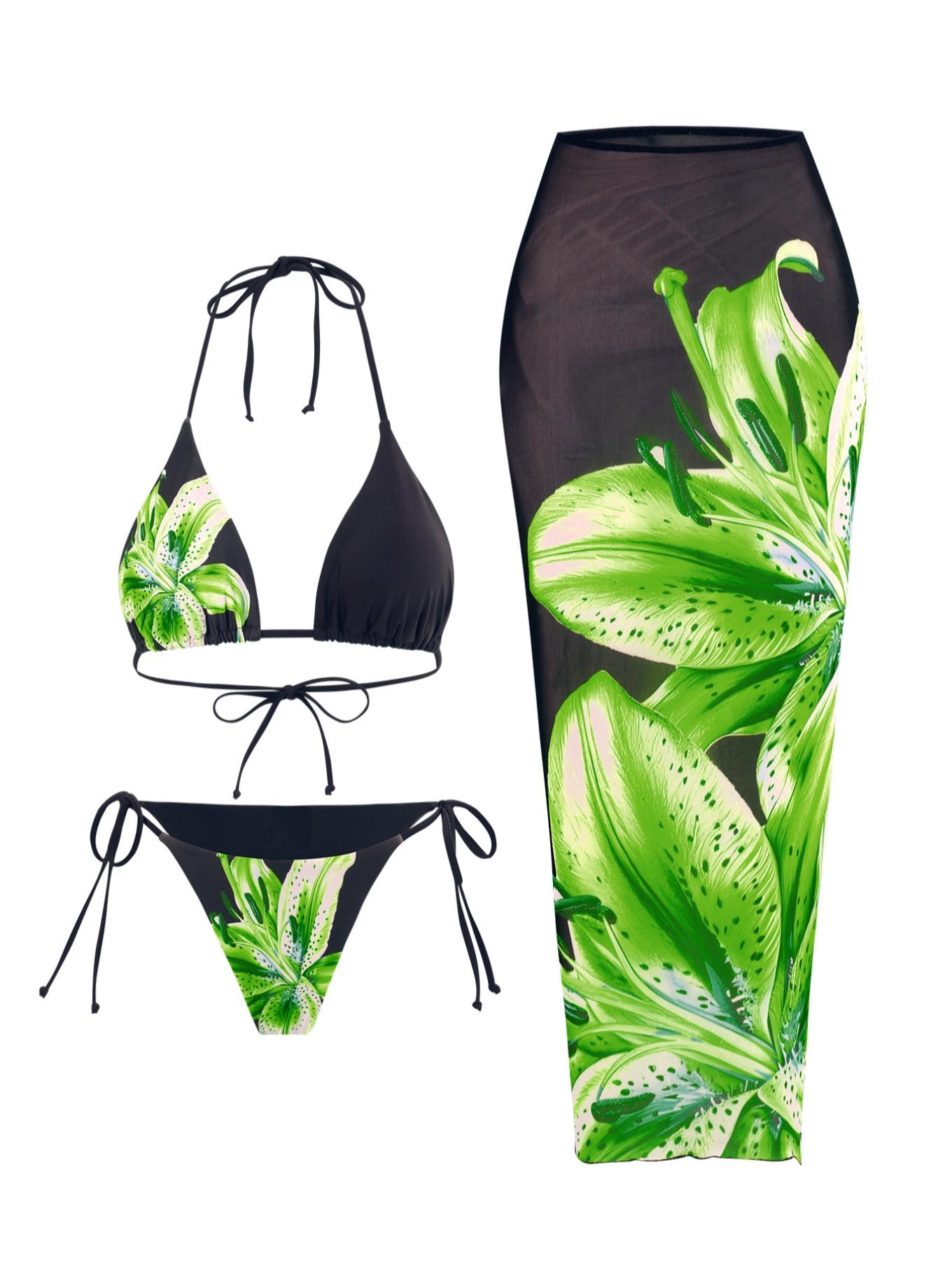 Women's Floral Print Halter Bikini Set, Tie Back Swim Bra & Tie Side Swim Panty & Cover Up Skirt Set, Swimming Swimwear Set for Beach Holiday Vacation, Y2k Bathing Suit, Floral Print Swimsuits, Summer Swimsuit Set