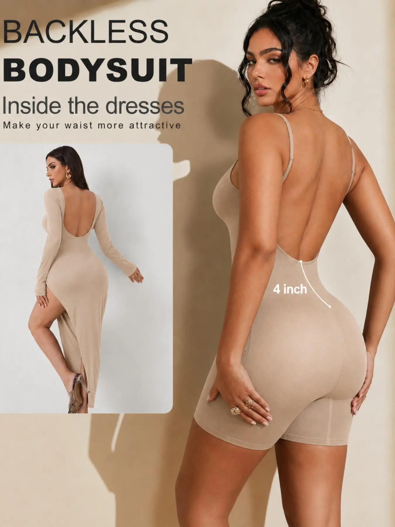 Women’s Open Back Bodysuit Shapewear, Spaghetti Strap Thong One Piece Top, Seamless Stretch Bodywear with Adjustable Straps for Going Out, Clubwear, Vacation, Jeans and Short