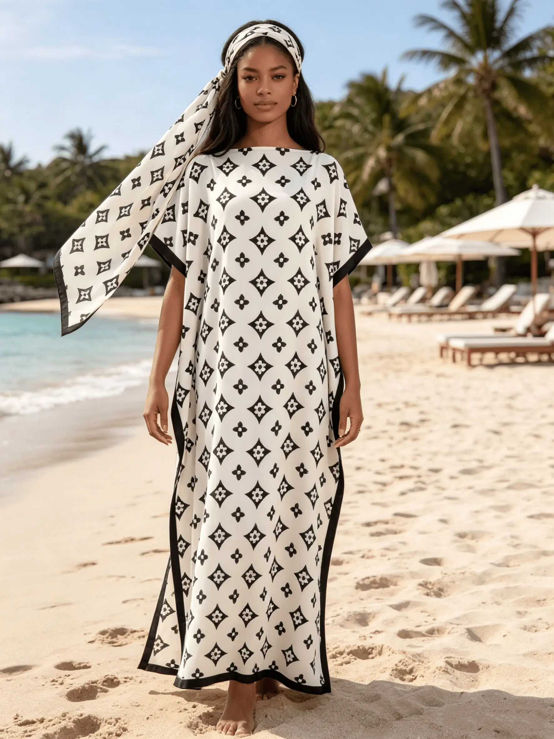 New Women's 2 Piece Off White Base Black Diamond Monogram Print Kaftan Maxi Dress with Matching Headscarf, Silky Loose Satin Robe, Plus Size Friendly, Beach Cover Up, Resort Vacation, Evening Party & Casual Wear, Summer