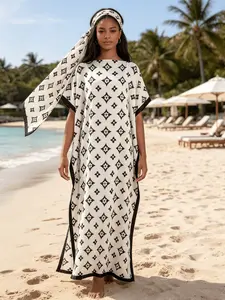 New Women's 2 Piece Off White Base Black Diamond Monogram Print Kaftan Maxi Dress with Matching Headscarf, Silky Loose Satin Robe, Plus Size Friendly, Beach Cover Up, Resort Vacation & Evening Party Wear