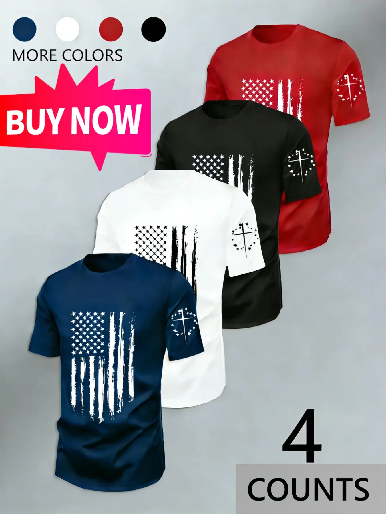 Men's 4-Pack Fashion Streetwear Flag Stripe Short Sleeve T-Shirt, Round Neck, Geometric Pattern, Comfortable, Breathable, Durable, Casual Wear