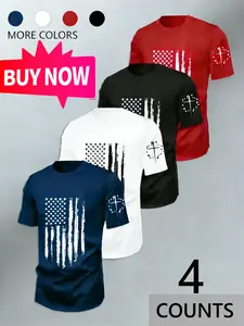 Men's 4-Pack Fashion Flag Stripe Short Sleeve T-Shirt, Round Neck, Geometric Pattern, Comfortable, Breathable, Durable, Casual Wear