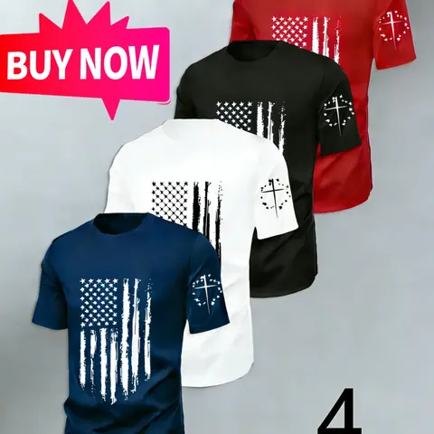 Men's 4-Pack Classic Durable Casual Streetwear, Flag Stripe Short Sleeve T-Shirt, Comfortable Breathable Round Neck Geometric Pattern Tees, Fashion Tees