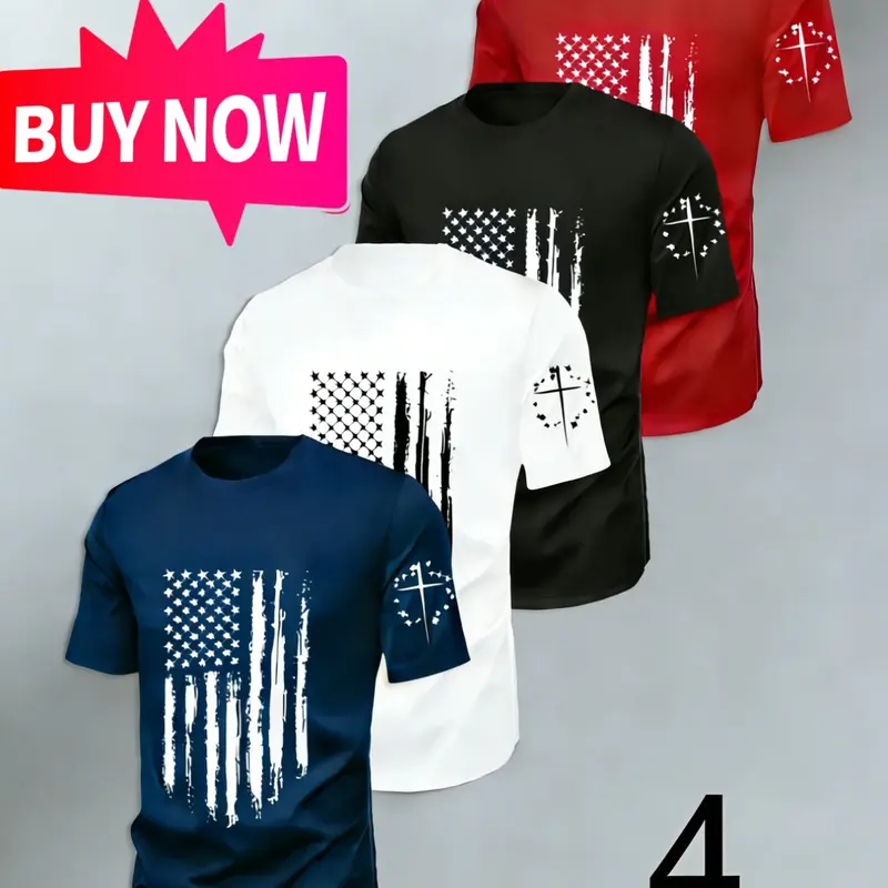 Men's 4-Pack Classic Durable Casual Streetwear, Flag Stripe Short Sleeve T-Shirt, Comfortable Breathable Round Neck Geometric Pattern Tees, Fashion Tees