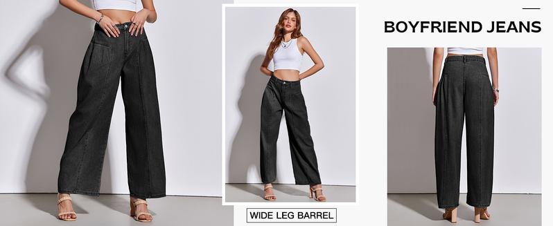 Imily Bela  Womens Baggy High Waisted Jeans Loose Boyfriend Wide Leg Side Pleated Denim Pants