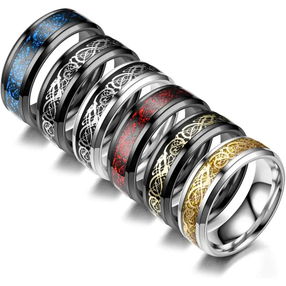 6Pcs 8mm Stainless Steel Celtic Dragon Rings for Men| Beveled Edges Celtic Black Rings ,Variety Multipack,Carbide Wedding Band Ring Set, Size 7-12
