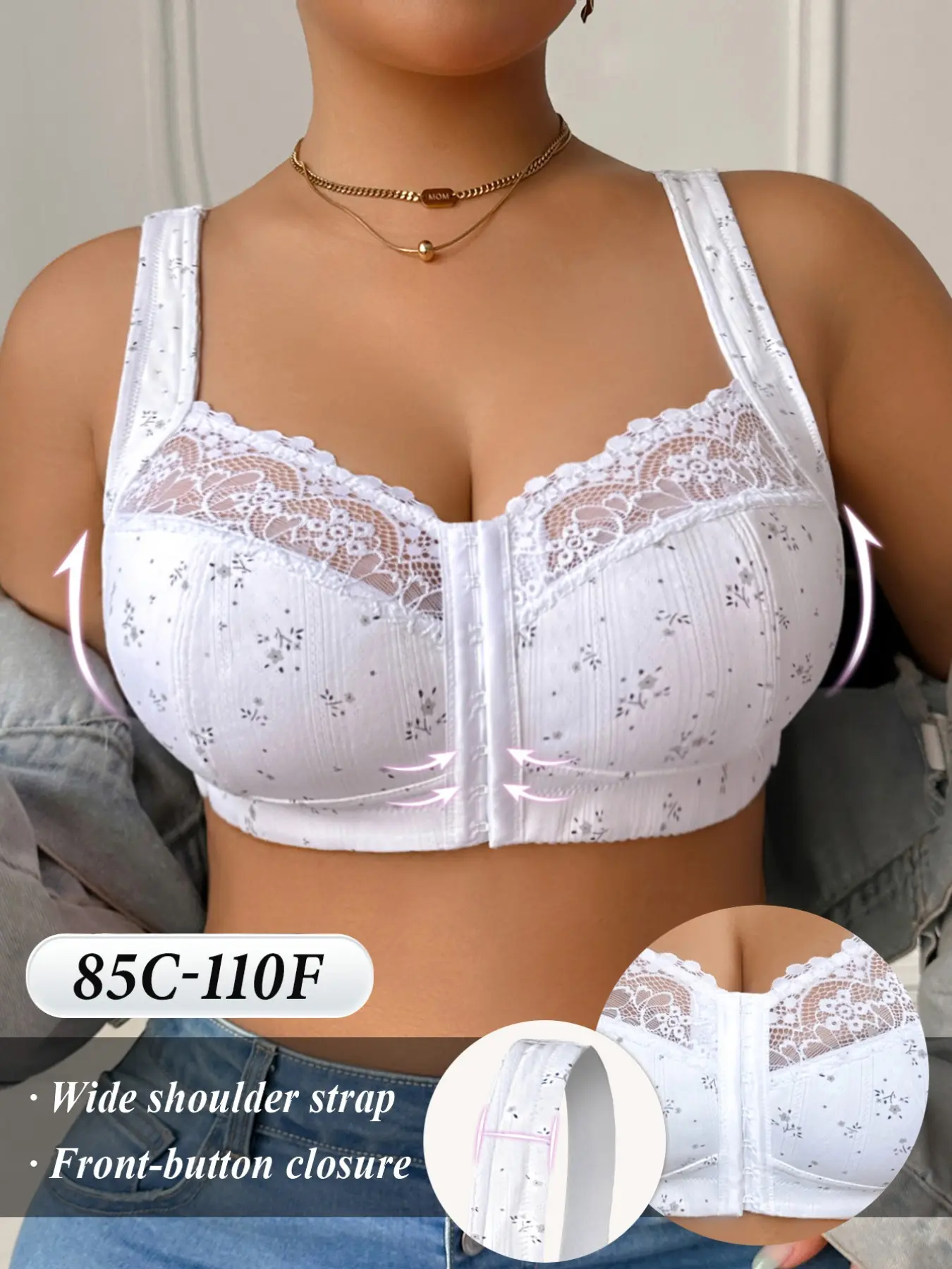 Women's Plus Size Ditsy Floral Full Coverage Wirefree Bra, Front Closure Button Push-Up Comfortable Bra, Easy On-Off  Side Breasts Smoothing Adjustable Straps, Daily Wear Underwear