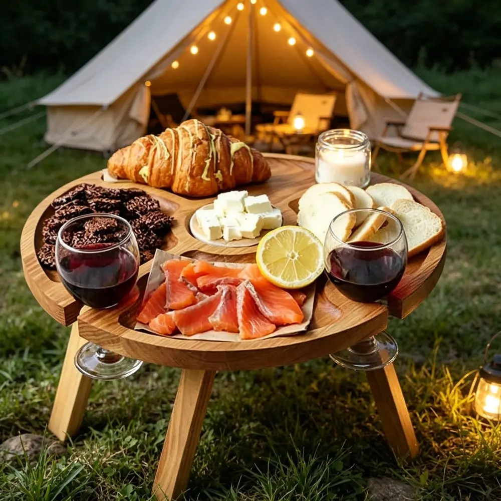 1pc 30cm Multifunctional Round Wooden Folding Tray, Ideal for Outdoor Activities, Picnics, Camping, Beach BBQ, Parties, Lightweight and Portable