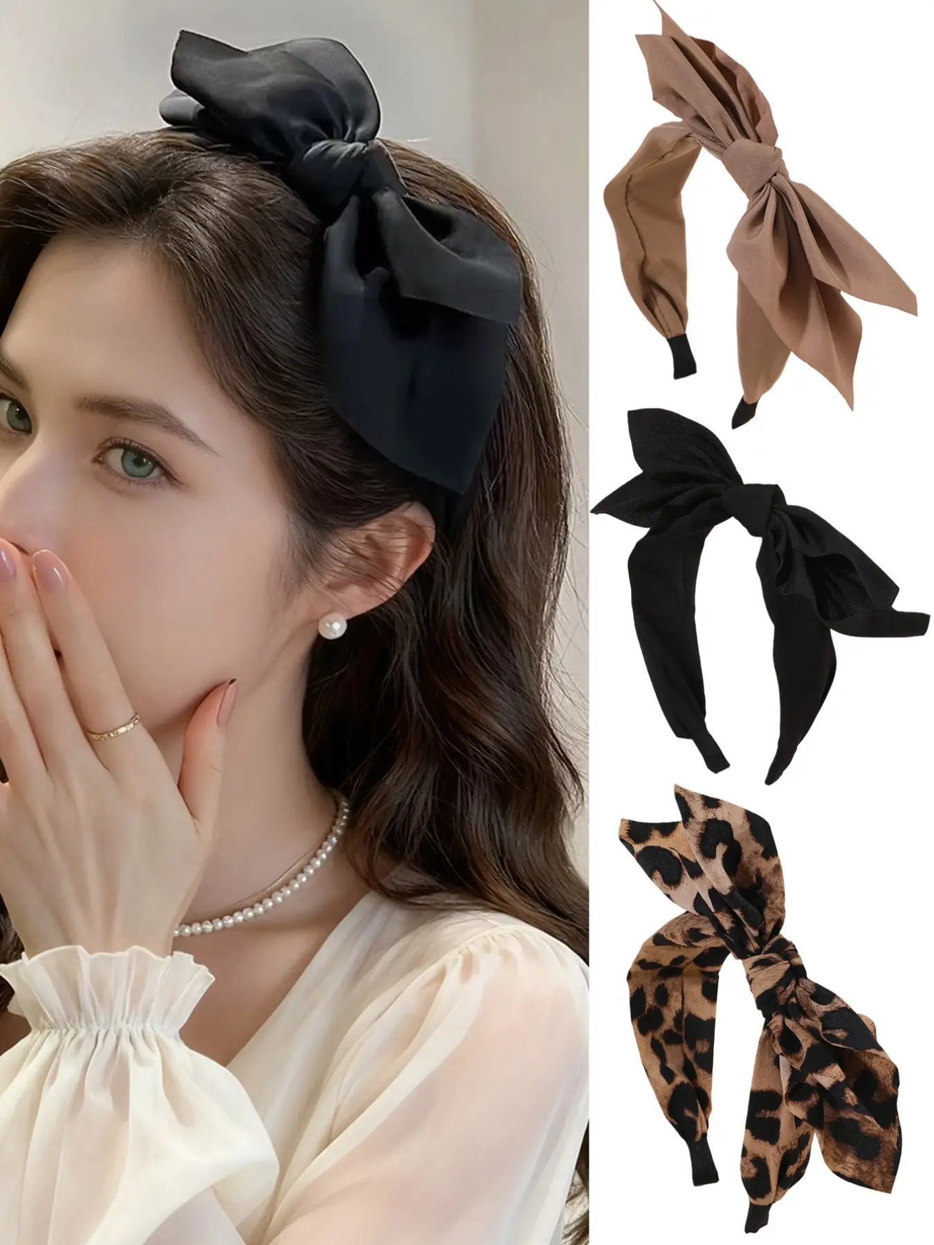 Vintage Leopard Print Bow Headband Set, Chiffon Wide Band Non-Slip Hair Accessories, Elegant Plaid Design for All Seasons