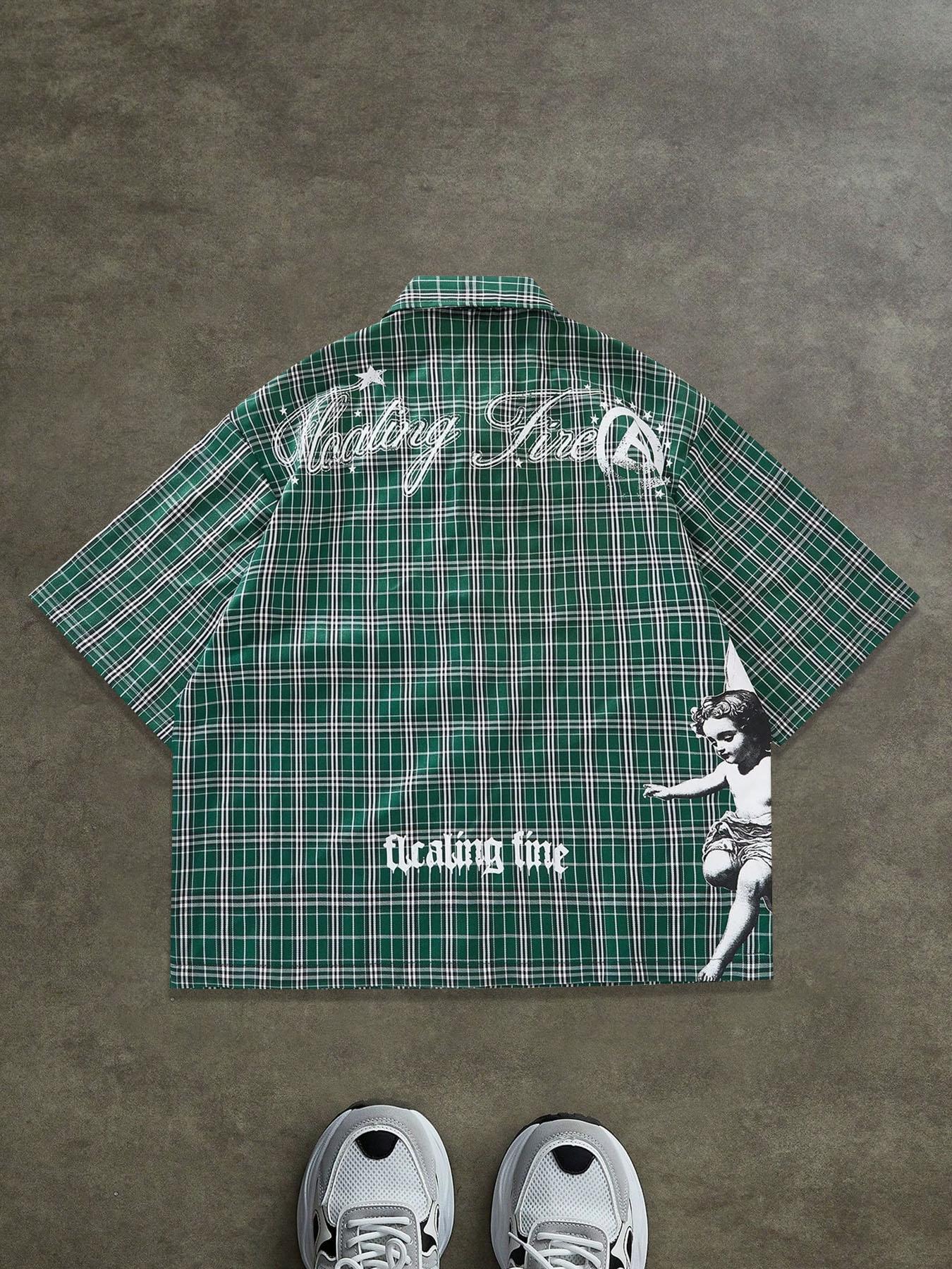 Men's Regular Fit Letter & Striped Print Short Sleeve Shirt, Casual Party Shirt, Casual Retro Button Top for All Seasons, Men's Clothes for Daily Wear