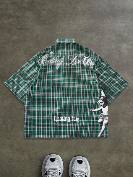 Men's Regular Fit Letter & Striped Print Short Sleeve Shirt, Casual Party Shirt, Casual Retro Button Top for All Seasons, Men's Clothes for Daily Wear