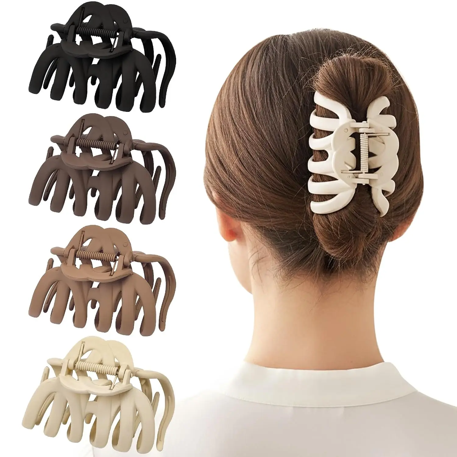 4 Pack Large Octopus Hair Claw Clips for Women,  Hold for Thick Long Hair, Matte Non-Slip Jaw Clips, Neutral Colors