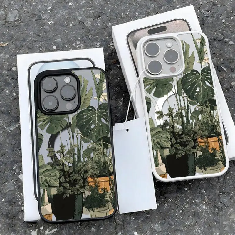 Tropical Green Botanical Acrylic Rubber Magnetic Phone Case MagSafe Compatible Wireless Shockproof Camera Guard Modern Natural Aesthetic for iPhone 17 16 15 14 13 12 11 Plus Pro Max Gift Option